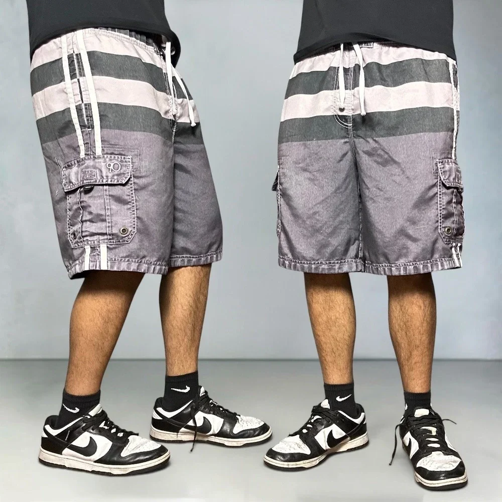 Ocean Pacific OP Striped Cargo Board Shorts Grey Black Y2K Skater Mens Size M